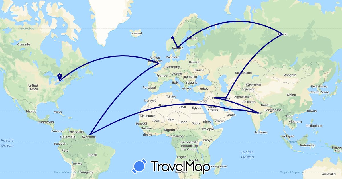 TravelMap itinerary: driving in United Arab Emirates, Canada, United Kingdom, India, Iraq, Iran, Norway, Russia, Sweden, Suriname (Asia, Europe, North America, South America)